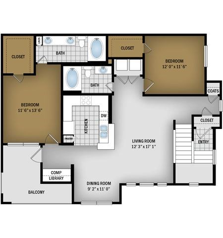 Floor plan for 2 beds, 2 baths, 1244 sqft